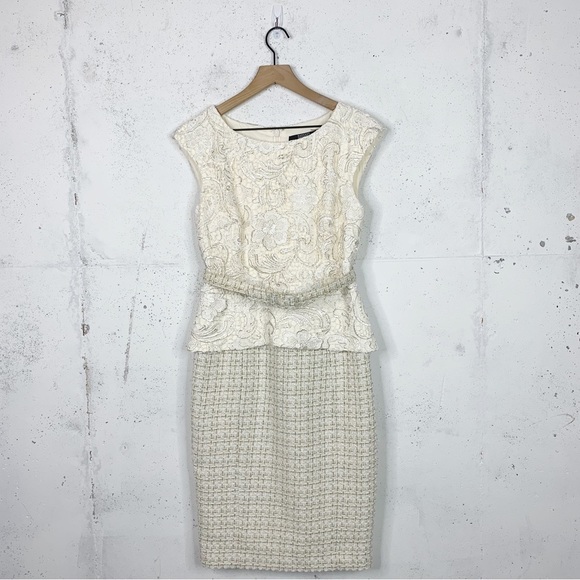 Badgley Mischka Lace And Tweed Gold Metallic Dress Size 8 - Picture 1 of 16